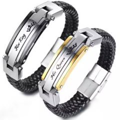 **COI Titanium Black/Gold Tone Silver King Queen Crown Black Genuine Leather Bracelet With Steel Clasp(Length: 9.27 inches)-9796