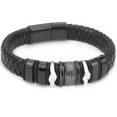 **COI Titanium Black Silver Black Genuine Leather Bracelet With Steel Clasp(Length: 8.66 inches)-9797