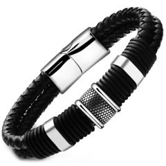 **COI Titanium Black Silver Black Genuine Leather Bracelet With Steel Clasp(Length: 8.66 inches)-9799