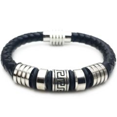 **COI Titanium Greek Key Pattern Black Genuine Leather Bracelet With Steel Clasp(Length: 8.66 inches)-9800