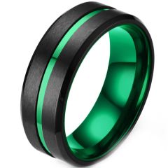COI Tungsten Carbide Black Green Center Groove Ring - TG1383BB