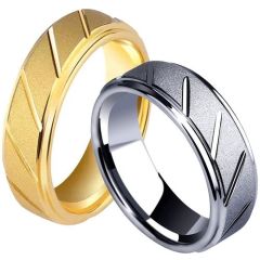 **COI Tungsten Carbide Gold Tone/Silver Diagonal Grooves Step Edges Ring-TG3045