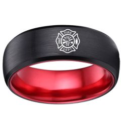 COI Tungsten Carbide Black Red Firefighter Dome Court Ring-4163