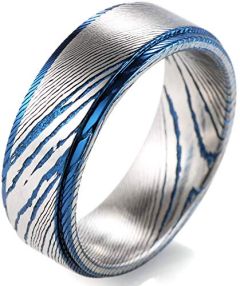 COI Tungsten Carbide Silver Blue Damascus Ring-TG6(Size:US8)