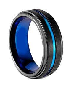 COI Tungsten Carbide Black Blue Center Groove Ring - TG1869