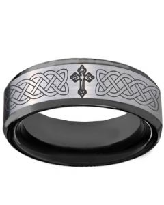 COI Titanium Black Silver Cross Celtic Beveled Edges Ring-2745