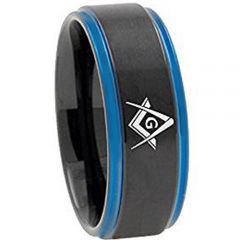 *COI Tungsten Carbide Black Blue Masonic Step Edges Ring-TG3092AA