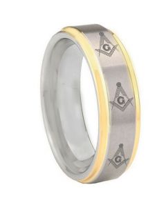 COI Tungsten Carbide Gold Tone Silver Masonic Ring - TG3303BB