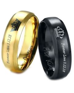 *COI Tungsten Carbide Black/Gold Tone King Queen Crown Ring-3887