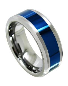 COI Tungsten Carbide Blue Silver Beveled Edges Ring - TG4321