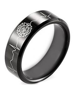 COI Black Tungsten Carbide Firefighter & Heartbeat Ring - TG4627