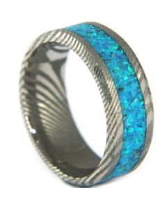 COI Tungsten Carbide Damascus Beveled Edges Ring With Crushed Opal-5318