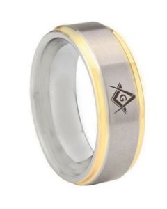 **COI Tungsten Carbide Gold Tone Silver Masonic Step Edges Ring-5442