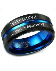 COI Tungsten Carbide Black Blue Center Groove Ring With Custom Roman Numerals-5455
