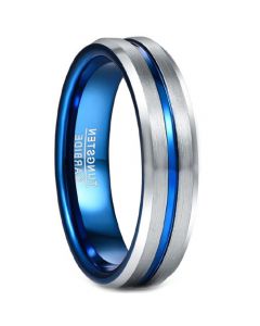 COI Tungsten Carbide Blue Silver Center Groove Ring-5490
