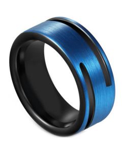 COI Tungsten Carbide Black Blue Double Grooves Pipe Cut Flat Ring-5591