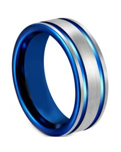 COI Tungsten Carbide Blue Silver Double Grooves Ring-5611