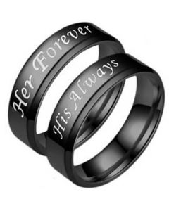COI Black Tungsten Carbide Her Forever His Always Beveled Edges Ring-5953