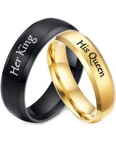 *COI Tungsten Carbide Black/Gold Tone Her King His Queen Beveled Edges Ring-5954