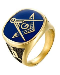 *COI Titanium Black Blue Gold Tone Masonic Ring-5980