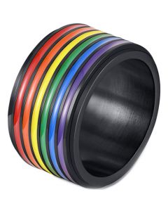 *COI Titanium Black/Gold Tone Rainbow Pride Ring-6019