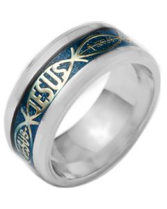 **COI Titanium Jesus Beveled Edges Ring With Gold Tone/Blue Meteorite-6839