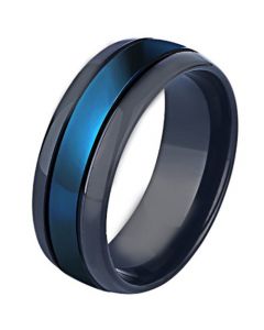 *COI Titanium Black Blue Double Grooves Dome Court Ring-6907