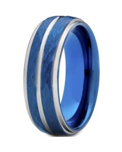 *COI Titanium Blue Silver Hammered Sandblasted Center Groove Ring-6909