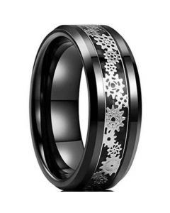 **COI Black Tungsten Carbide Gears Beveled Edges Ring-6951