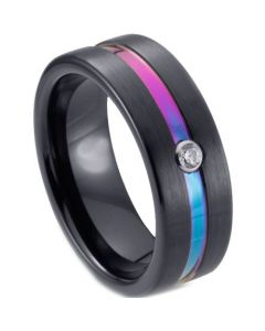 **COI Black Tungsten Carbide Rainbow Pride Center Groove Pipe Cut Flat Ring-7057