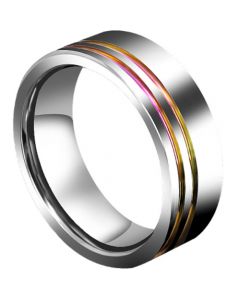 **COI Tungsten Carbide Rainbow Pride Offset Double Groove Pipe Cut Flat Ring-7058