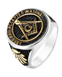 **COI Titanium Gold Tone Black Silver Masonic Freemason Ring-7091BB