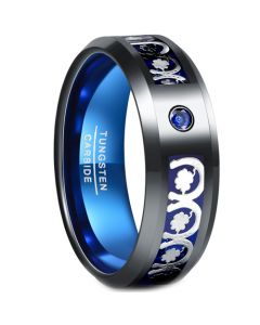 **COI Tungsten Carbide Black Blue Horseshoe & Clover Ring With Created Blue Sapphire-7286