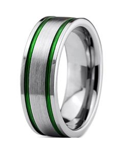 **COI Tungsten Carbide Silver Green Double Grooves Ring-7323AA