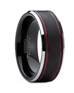 **COI Tungsten Carbide Black Red Double Grooves Beveled Edges Ring-7361