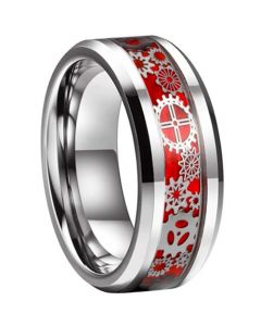 **COI Tungsten Carbide Gears Beveled Edges Ring With Red Carbon Fiber-7363