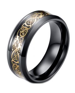 **COI Black Titanium Gold Tone Dragon Beveled Edges Ring With Carbon Fiber-7437