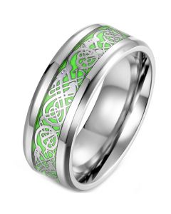 **COI Titanium Black/Gold Tone/Silver Dragon Beveled Edges Ring With Green Carbon Fiber-7441