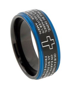 **COI Tungsten Carbide Black Blue Cross Prayer Step Edges Ring-7480