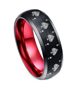 **COI Tungsten Carbide Black Red Ace of Spades Beveled Edges Ring-7482AA