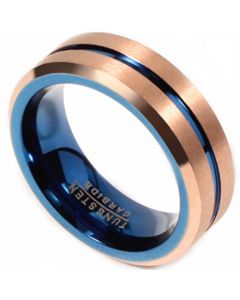 **COI Tungsten Carbide Rose Blue Center Groove Beveled Edges Ring-7493