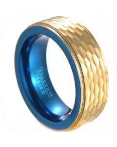 **COI Tungsten Carbide Blue Gold Tone Hammered Step Edges Ring-7494