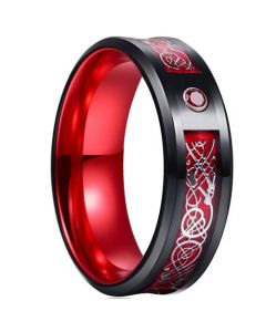 **COI Titanium Black Red Dragon Beveled Edges Ring With Created Red Ruby-7527