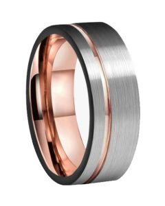 **COI Tungsten Carbide Rose Silver Offset Groove Pipe Cut Flat Ring-7600