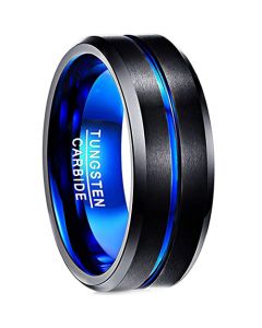 **COI Tungsten Carbide Black Blue Center Groove Beveled Edges Ring-7666