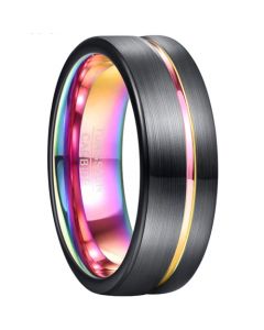 **COI Black Tungsten Carbide Rainbow Pride Offset Groove Ring-7807