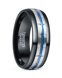 **COI Tungsten Carbide Black Blue Silver Grooves Dome Court Ring-7867