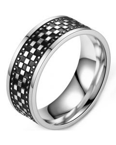 **COI Titanium Black Silver Checkered Flag Pipe Cut Flat Ring-7889