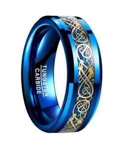 **COI Blue Tungsten Gold Tone Dragon Beveled Edges Ring-7918