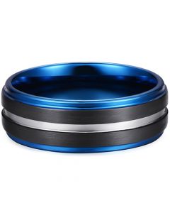 **COI Tungsten Carbide Black Blue Silver Center Groove Step Edges Ring-7959AA
